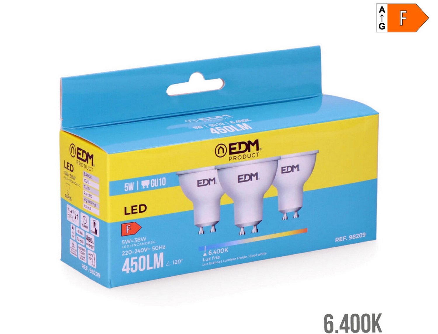 EDM Bombilla dicroica led gu10 5w 450lm 6400k luz fría   5x5,5cm Pack de tres unidades