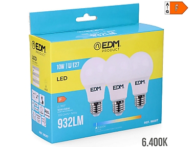 EDM - Bombilla standard led e27 10w 932lm 6400k luz fría  6x10,8cm kit 3 bombillas