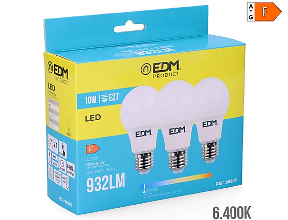 EDM - Bombilla standard led e27 10w 932lm 6400k luz fría  6x10,8cm kit 3 bombillas