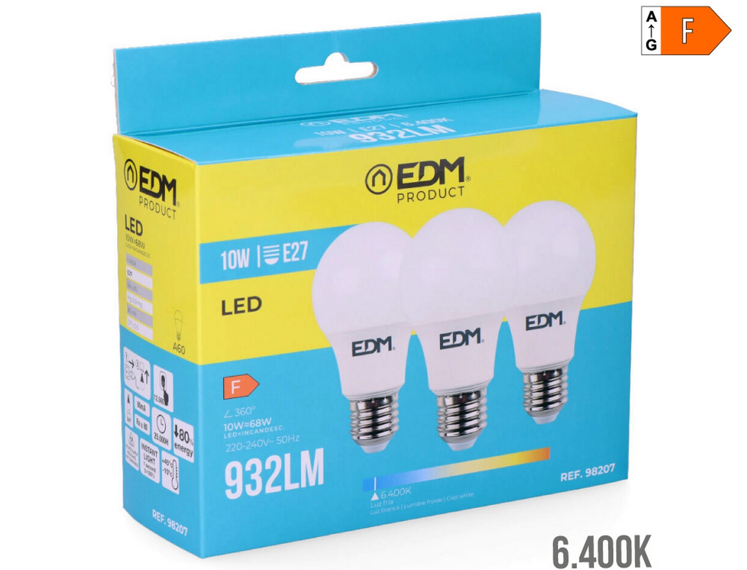 EDM Bombilla standard led e27 10w 932lm 6400k luz fría  6x10,8cm kit 3 bombillas