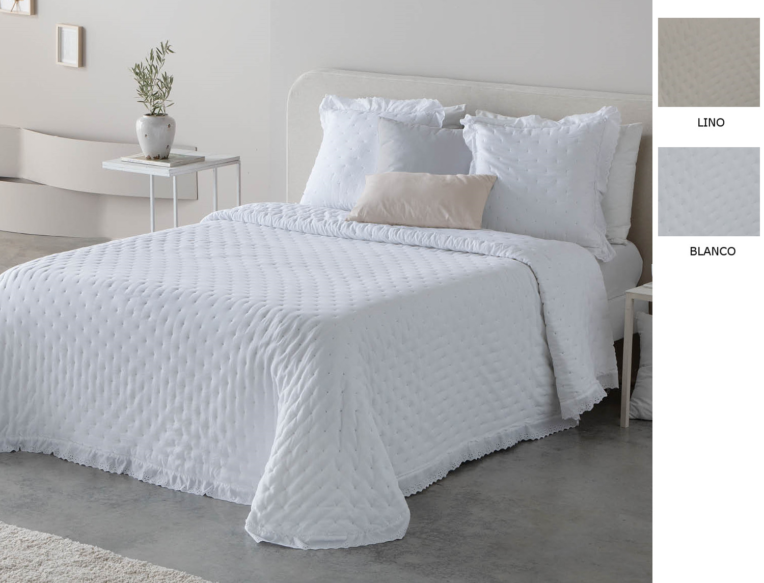 FunDeco Edredón bouti Adelia con puntilla y funda/s de cojín color Blanco o Lino