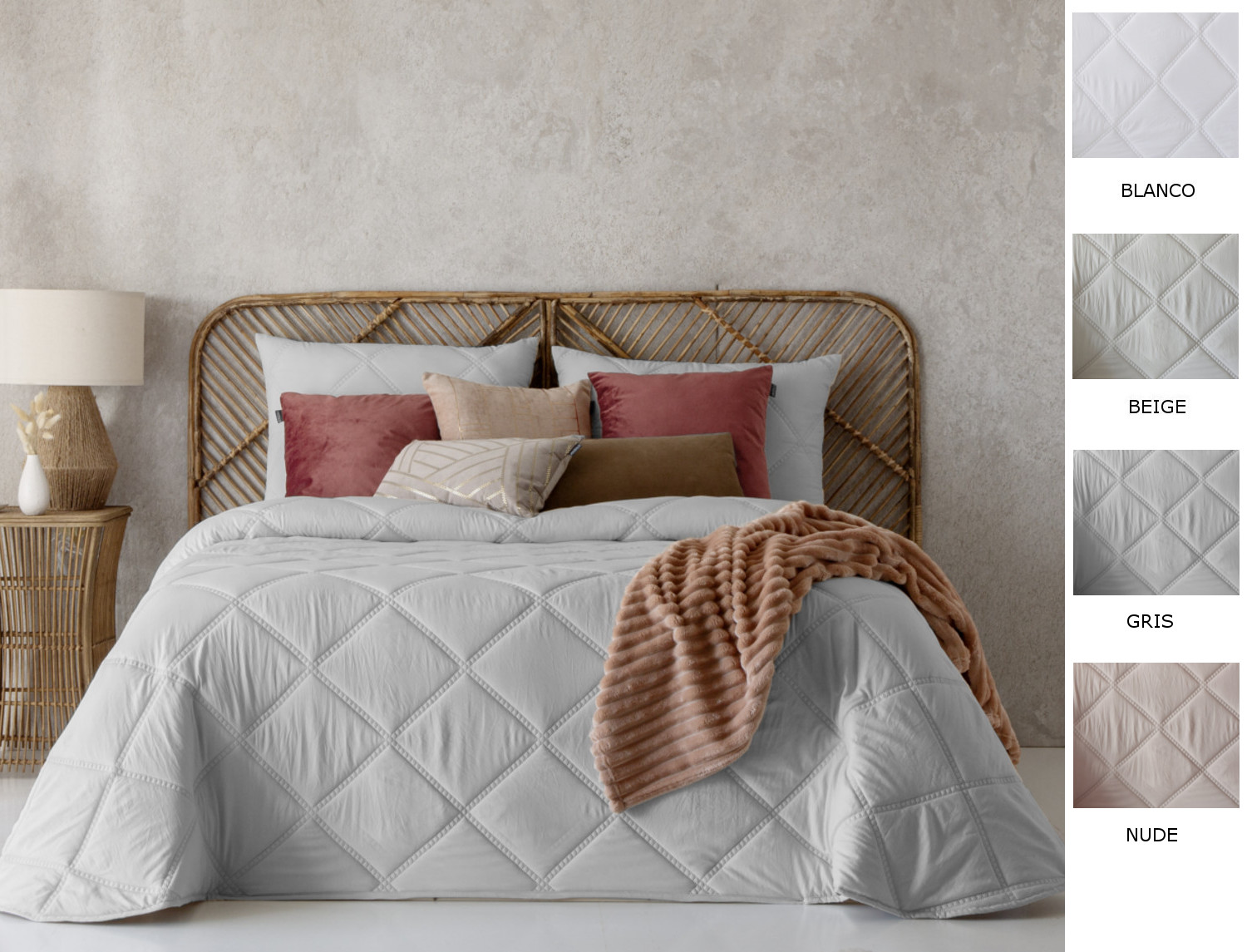 FunDeco Edredón conforter Caroline con funda/s de cojín color Blanco, Beige, Gris o Nude