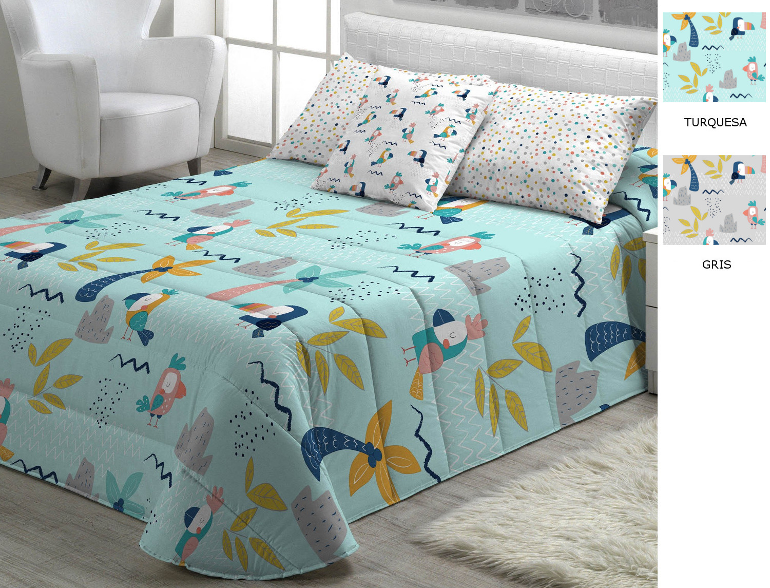 Cañete Edredón o Conforter Aloha A color Gris o Turquesa