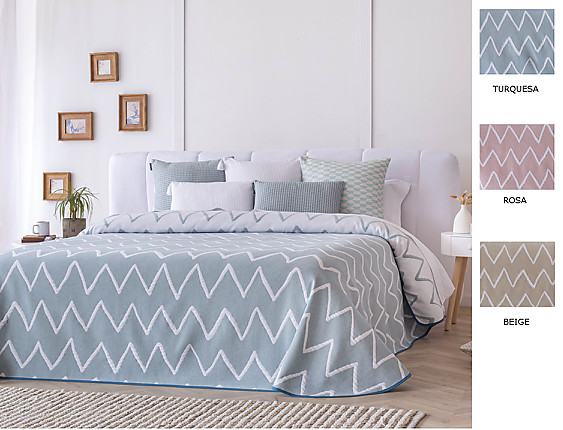 Confecciones Paula - Colcha Jacquard reversible Palos color Beige, Rosa o Turquesa